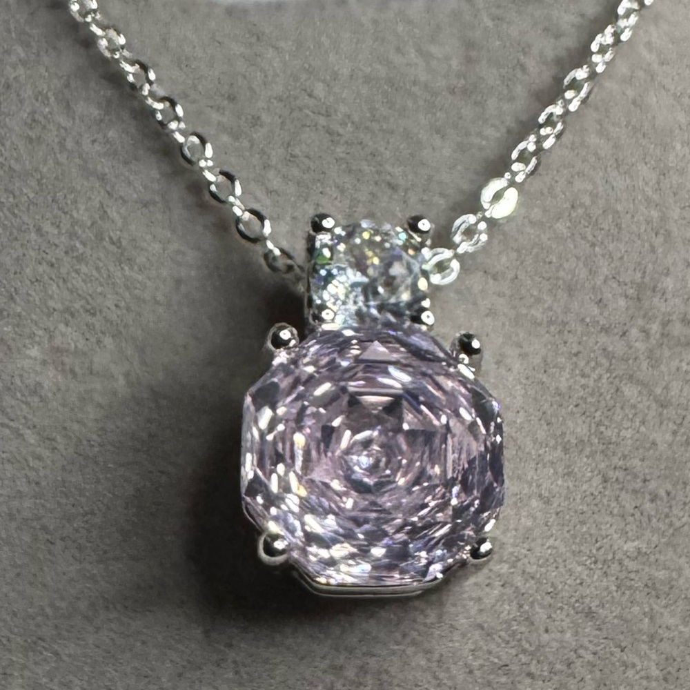 New 18k white gold plated lab created Pink tourmaline Pendant Necklace.